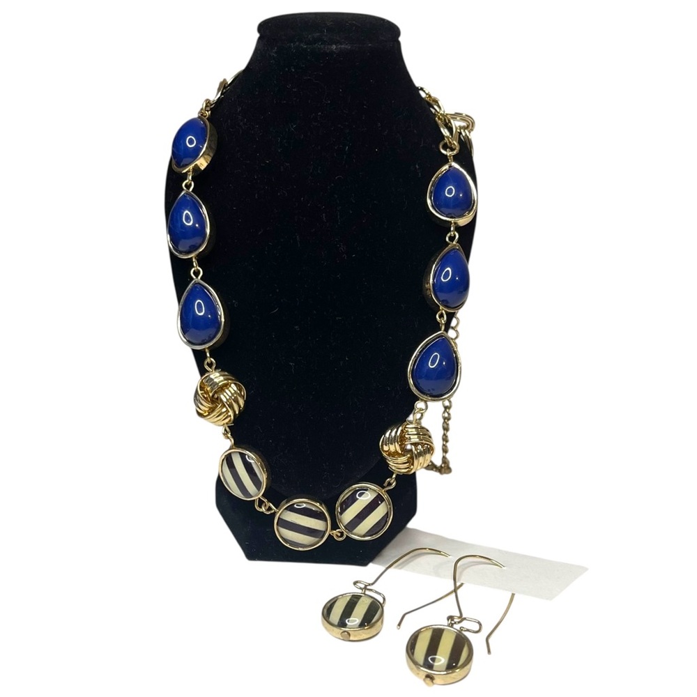 Vtg Statement Necklace Earrings Costume Jewelry Set Blue Teardrop Bead Gold Tone